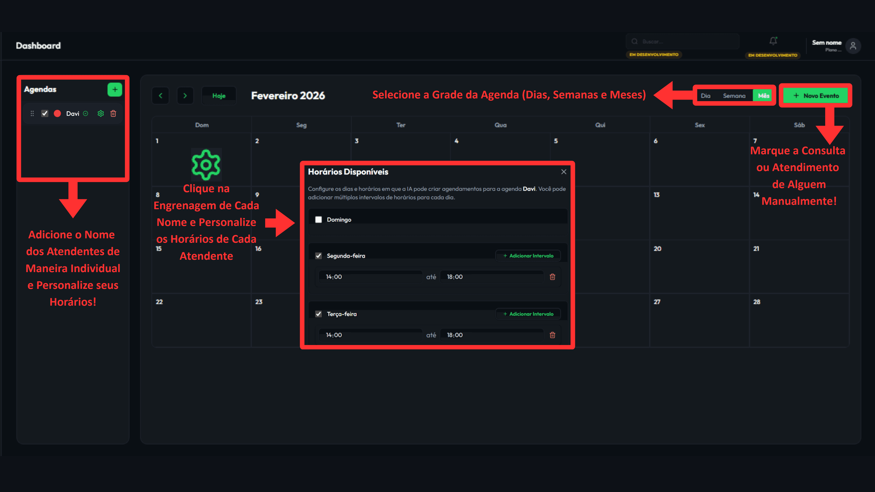 Tela da Agenda com grade mensal, botão de novo evento e seleção de visualização.