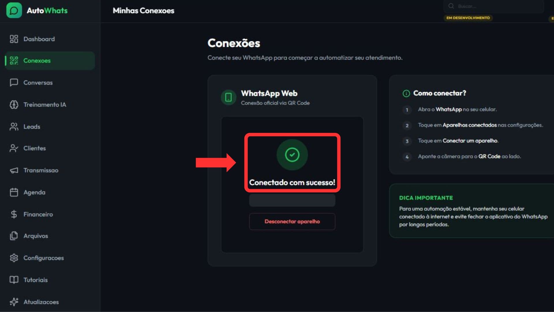 Connections screen with successfully connected message.