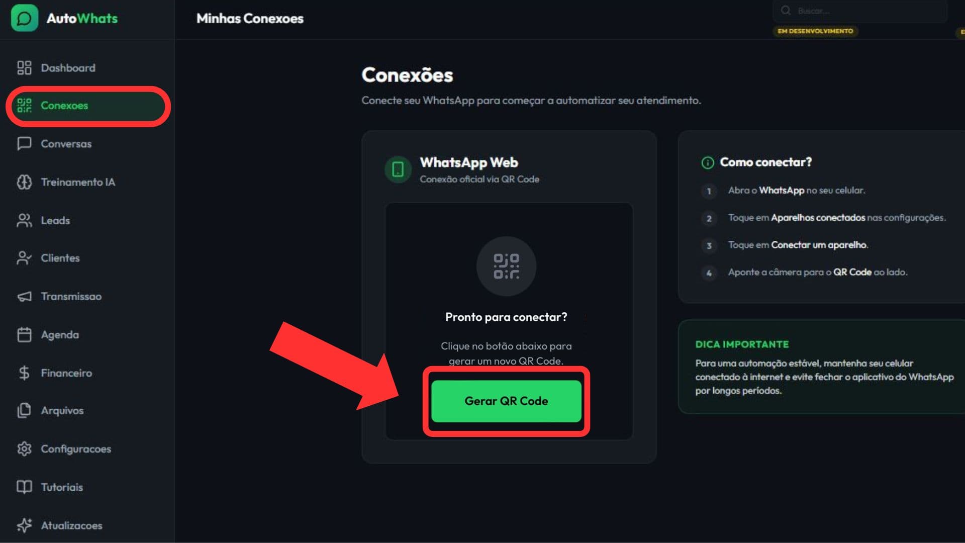 Tela de Conexões com destaque no botão Gerar QR Code.