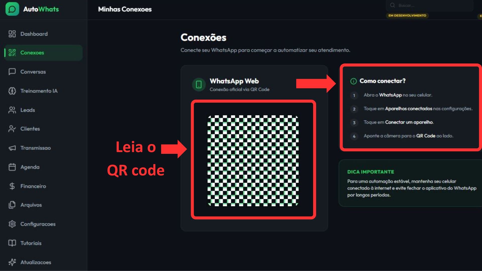 Connections screen displaying the QR Code for reading on your cell phone.
