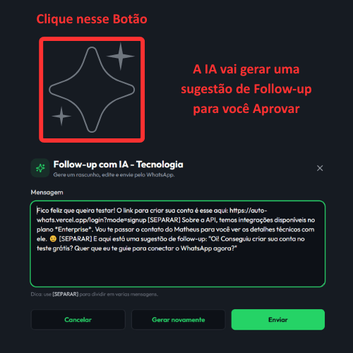 Janela de Follow-up com IA para gerar sugestão, revisar mensagem e aprovar envio.