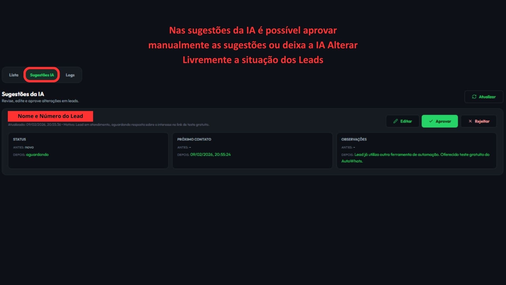 Aba de Sugestões IA na tela de Leads.