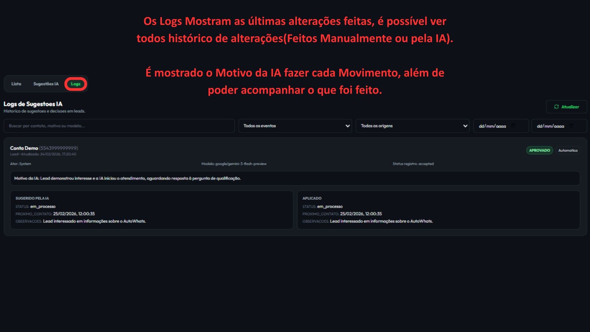 Aba de Logs de sugestões IA com histórico e filtros.