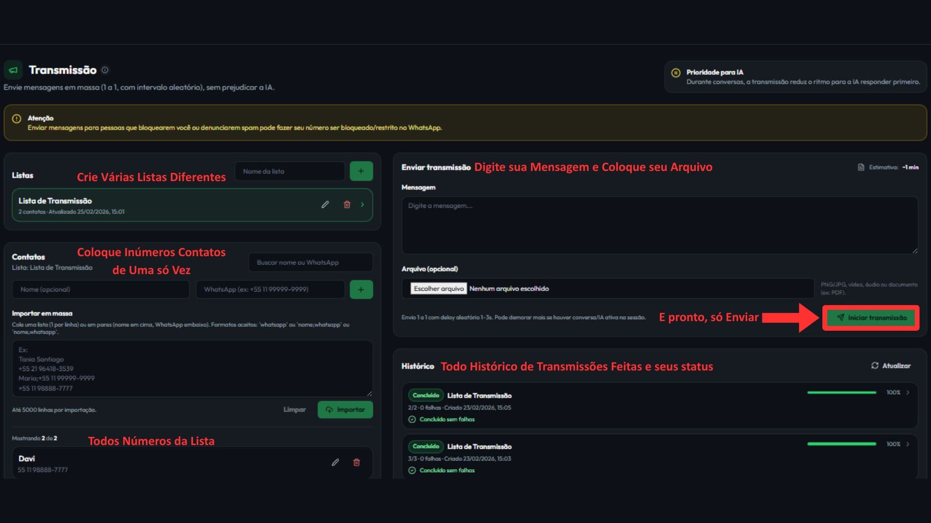 Tela de transmissão com listas, mensagem, upload de arquivo e histórico de envios.