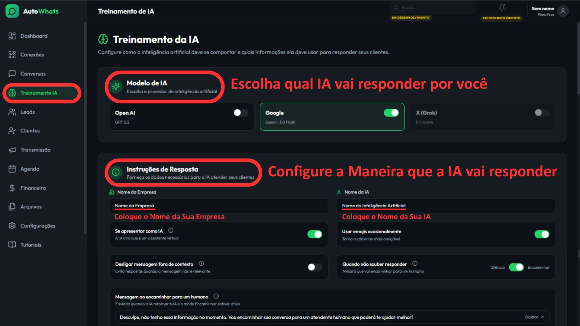 Tela de Treinamento IA com campos de instruções.