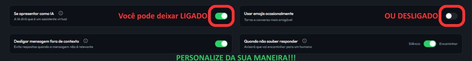 Toggles da IA para recursos extras como arquivos, áudios, leitura de imagem e agenda.